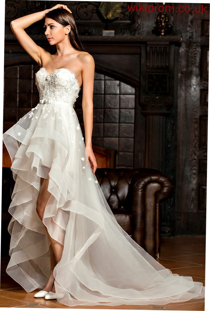 Charmeuse Bow(s) A-Line Lace Wedding Dress Asymmetrical Beading Tulle Jaylynn Wedding Dresses With Sweetheart