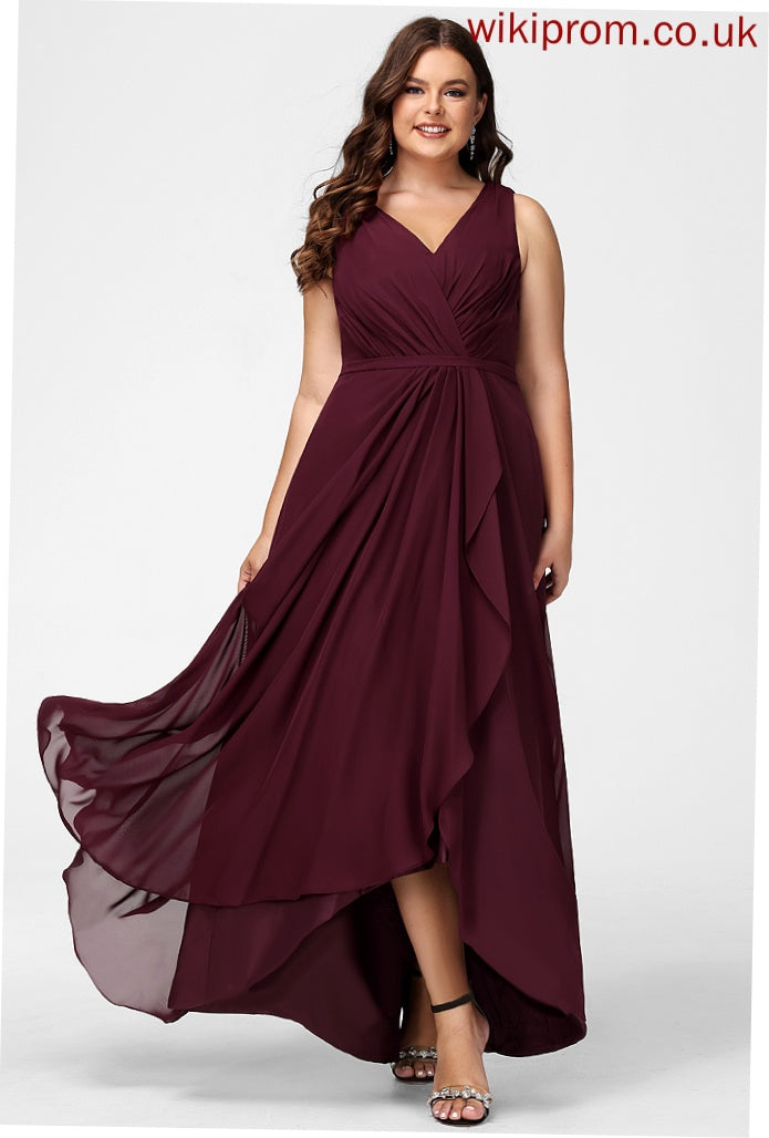 V-neck Embellishment Silhouette Fabric Neckline Length Asymmetrical SplitFront A-Line Millie Bridesmaid Dresses