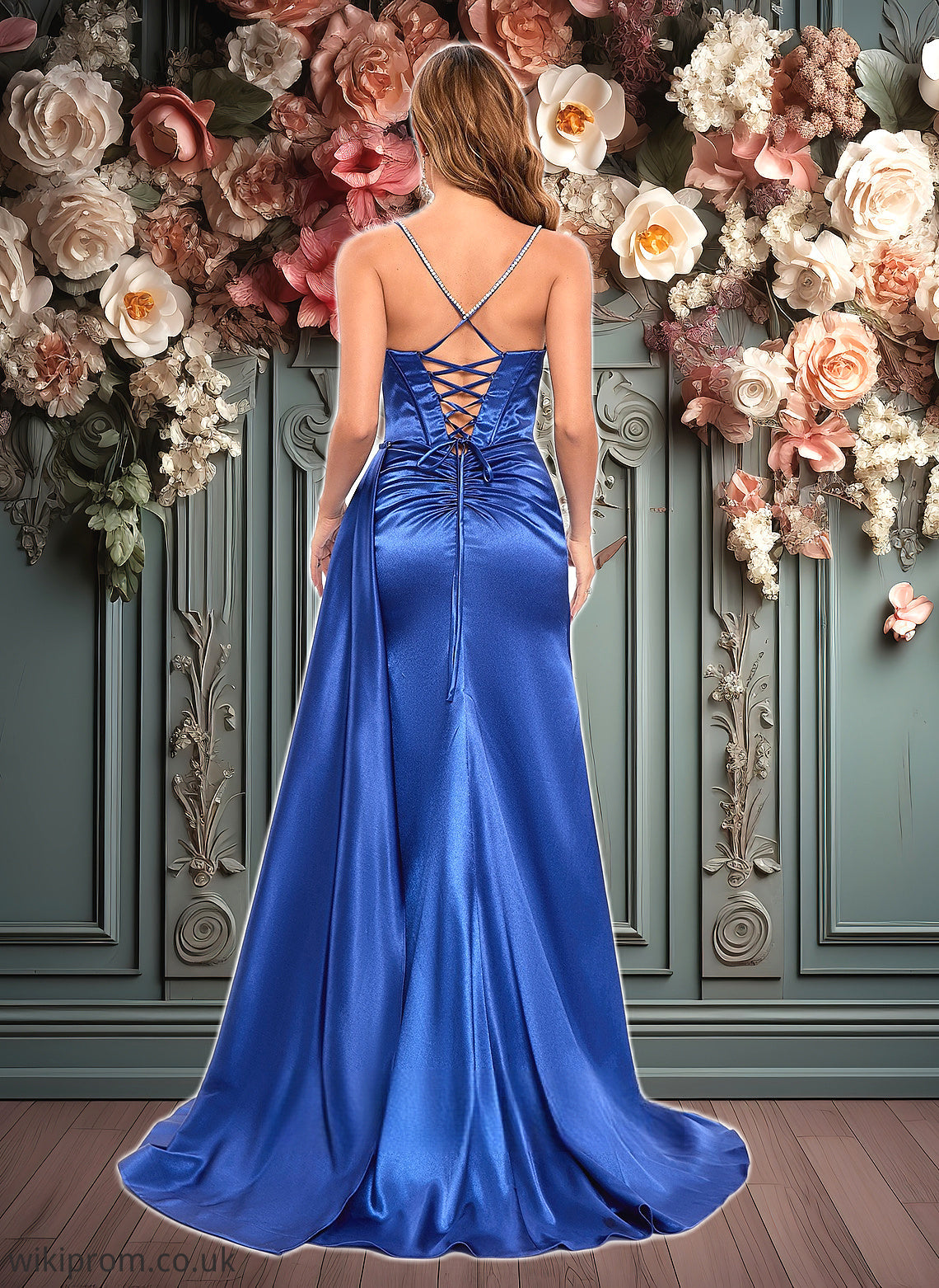 Pauline Trumpet/Mermaid Straight Sweep Train Stretch Satin Prom Dresses With Rhinestone SWKP0025861