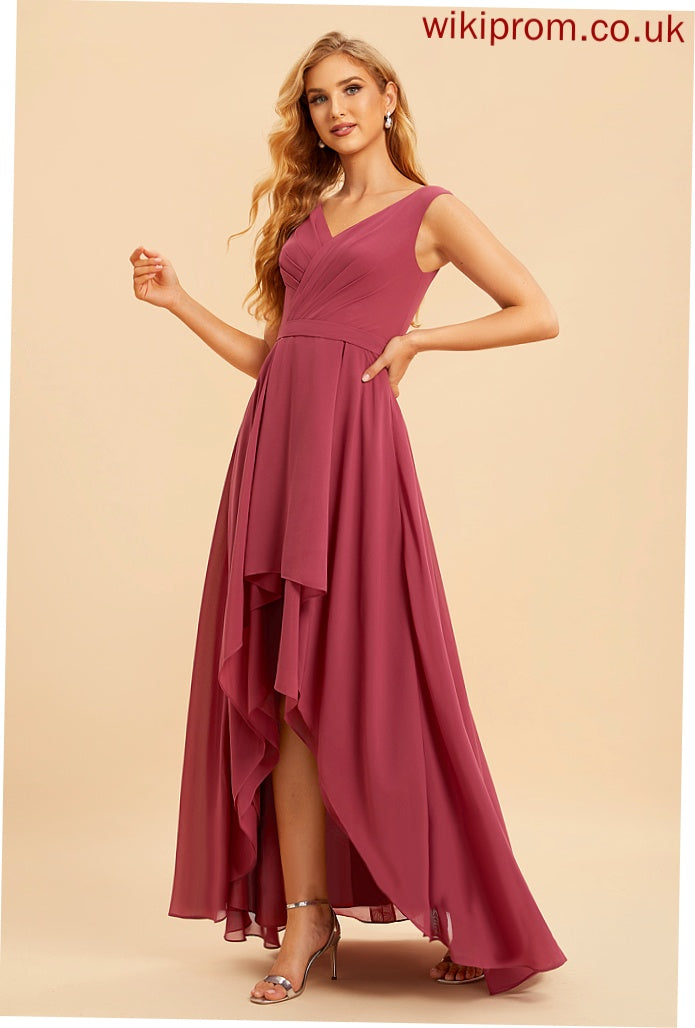 A-Line V-neck Length Fabric Silhouette Asymmetrical Embellishment Ruffle Neckline Kendal Natural Waist Spandex Bridesmaid Dresses