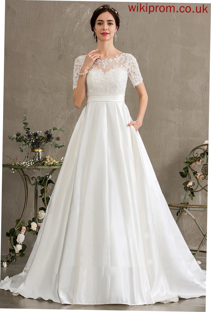 Train Hailie Lace Beading With Court Dress Satin Sequins Wedding Dresses Wedding Pockets Ball-Gown/Princess