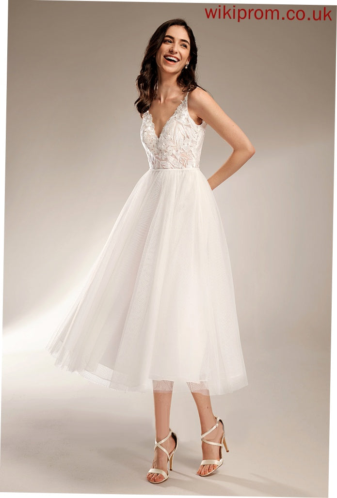 Tulle Tea-Length Wedding Dresses Dress Lace Wedding V-neck A-Line Mariah