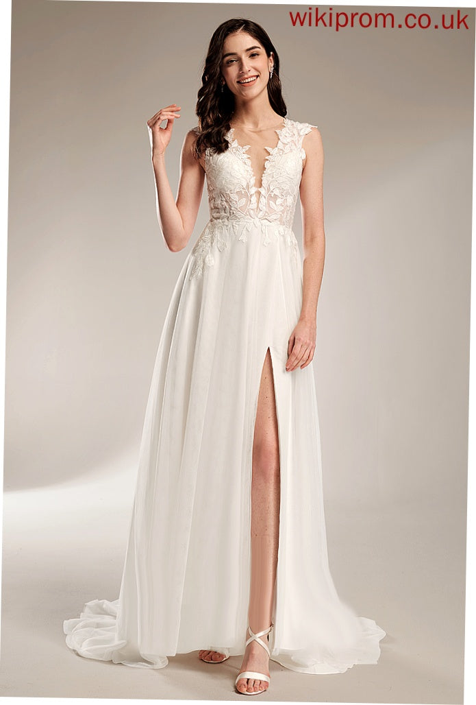 With Sequins Wedding Dresses V-neck Train Pat Tulle Dress A-Line Lace Wedding Court