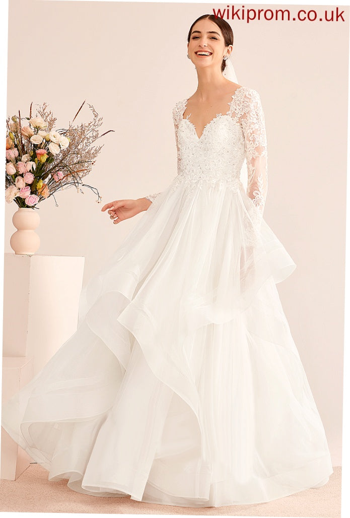 Ball-Gown/Princess Tulle Dress Floor-Length Wedding Dresses Kaila With Sequins Lace Beading V-neck Wedding