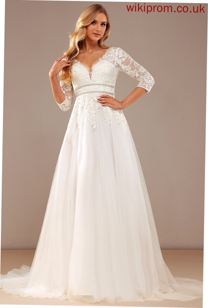 Sequins Ball-Gown/Princess Wedding Lace Dress With Lace Tulle Maureen V-neck Beading Court Train Wedding Dresses