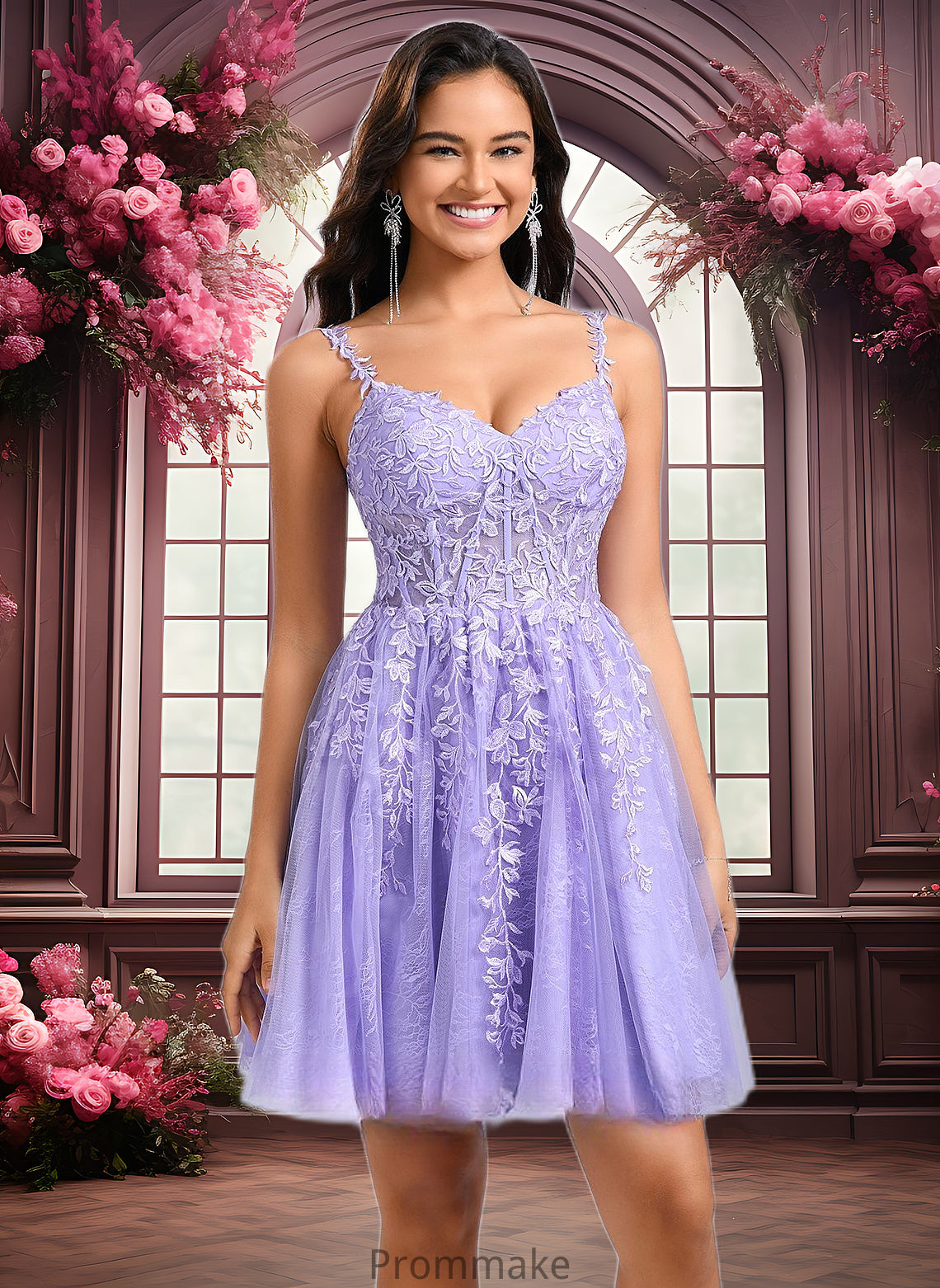 Melody A-line V-Neck Short Tulle Lace Homecoming Dress DUP0025640