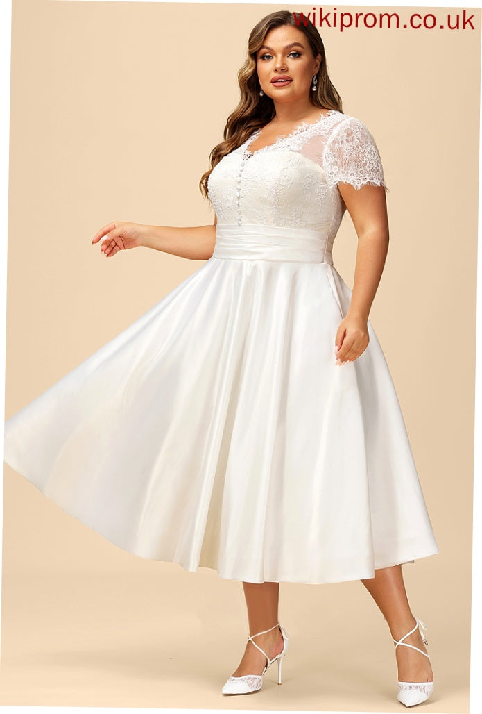 Wedding Tea-Length Sadie Satin Dress Wedding Dresses V-neck A-Line Ruffle With Lace