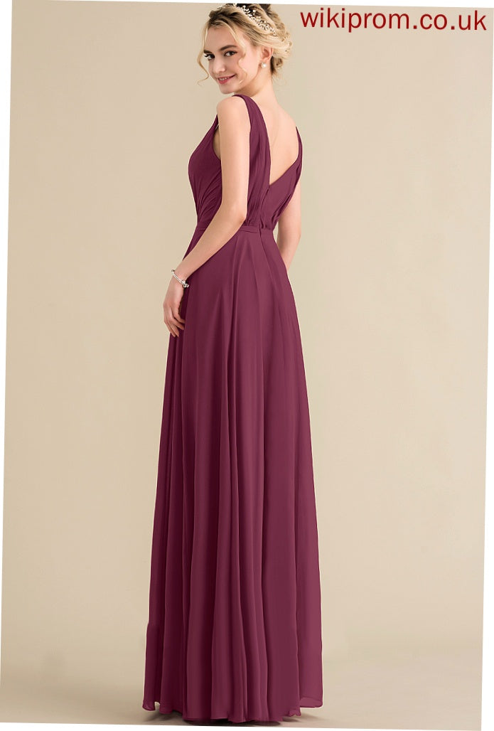 Chiffon A-Line Emelia Pleated Floor-Length Prom Dresses V-neck With