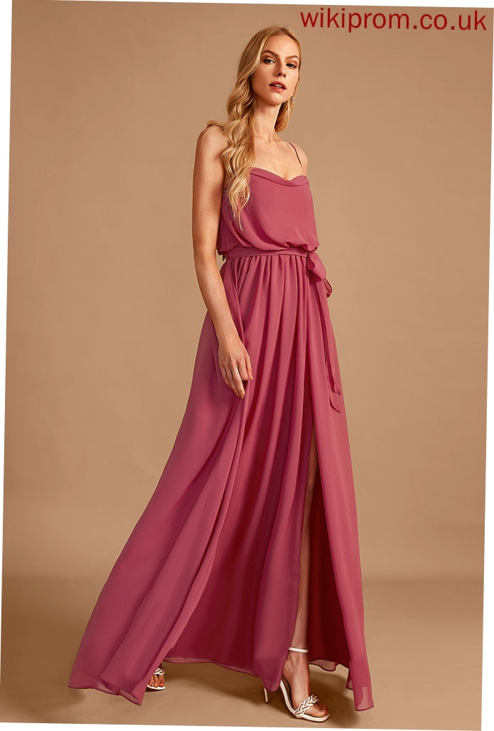 Floor-Length Silhouette Fabric A-Line Embellishment Neckline CowlNeck SplitFront Length Ruffle Mariela Bridesmaid Dresses