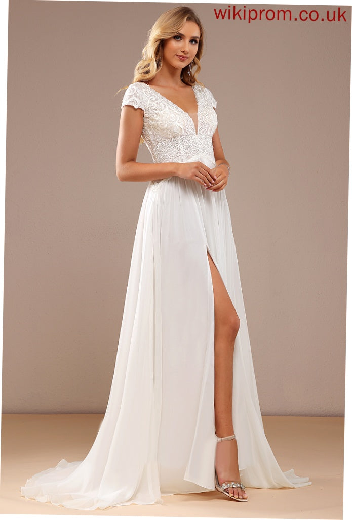 Sweep V-neck Jaelynn Wedding Train Lace Dress A-Line Split With Chiffon Wedding Dresses Front Lace