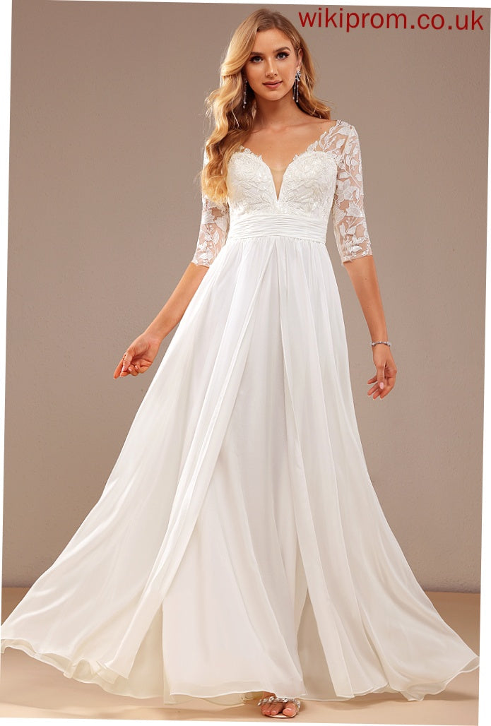 Katharine V-neck Floor-Length Lace Ruffle Wedding Dresses With Wedding Sequins A-Line Dress Chiffon