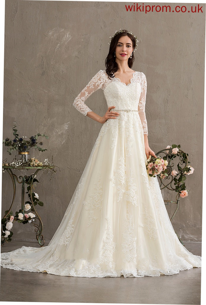 Wedding Dresses Chapel Ball-Gown/Princess Lace Sequins With Beading V-neck Train Wedding Alison Dress Tulle