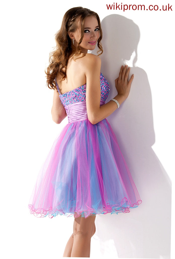 A-Line With One-Shoulder Short/Mini Beading Homecoming Dresses Tulle Sequins Homecoming Ruffle Dress Nathaly