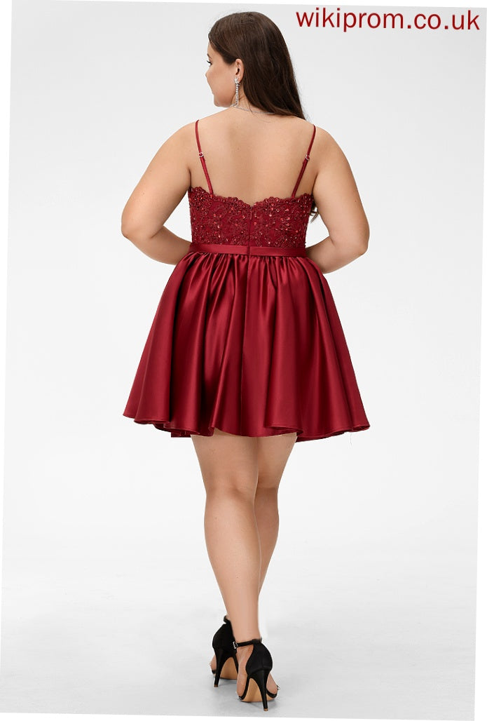 Satin Lace V-neck Beading Macy Dress Homecoming Dresses A-Line Homecoming With Short/Mini