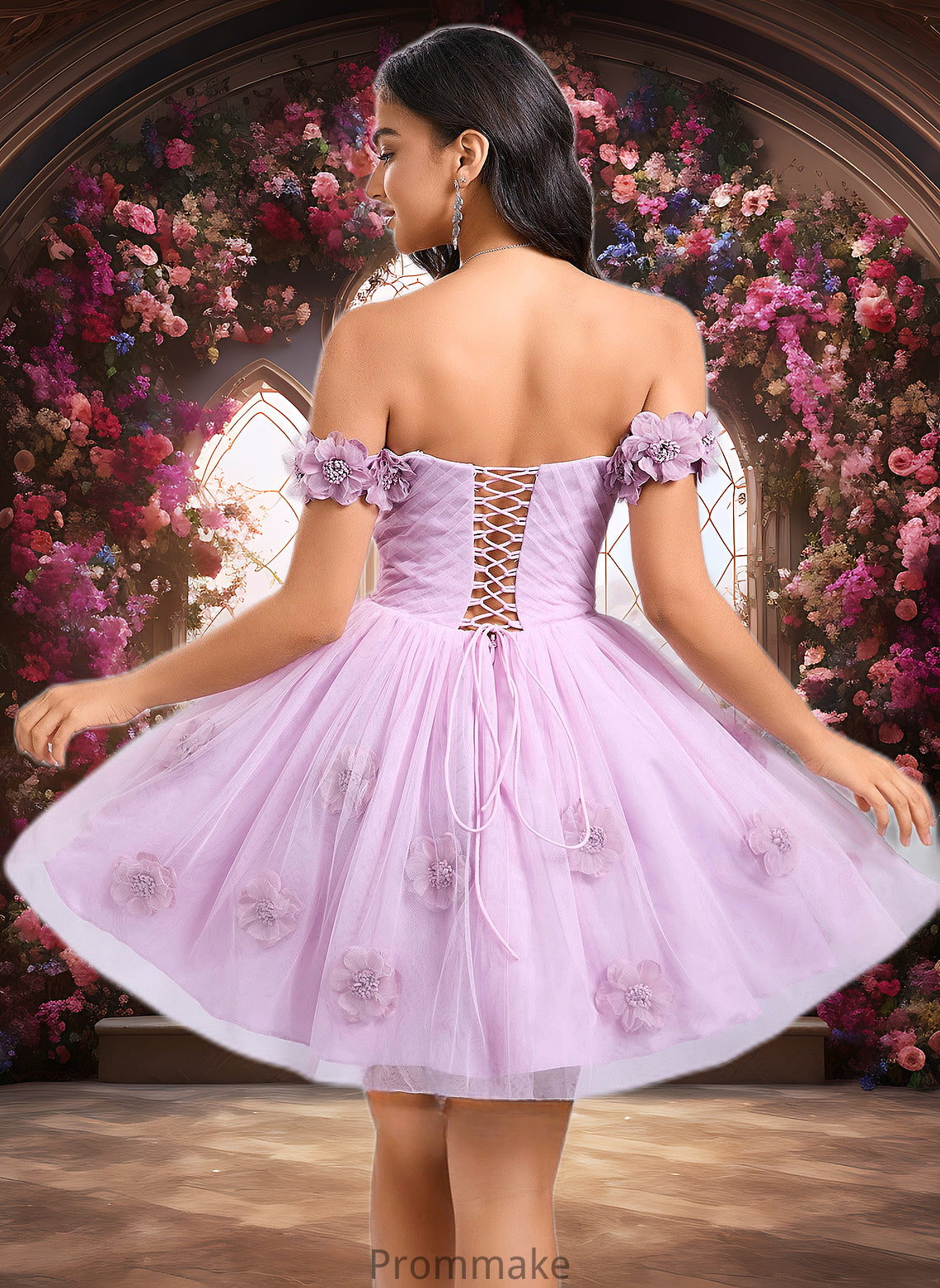 Geraldine Ball-Gown/Princess Off the Shoulder Short Tulle Homecoming Dress With Pleated Flower DUP0025668