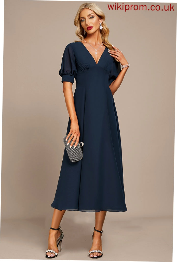 Cocktail Dresses With Tea-Length Dress Chiffon V-neck Cocktail Ruffle Allison A-Line