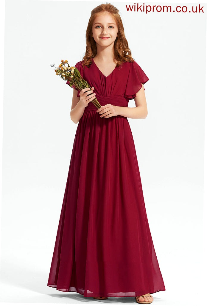 Junior Bridesmaid Dresses V-neck Ruffle A-Line Chiffon Kamila With Floor-Length