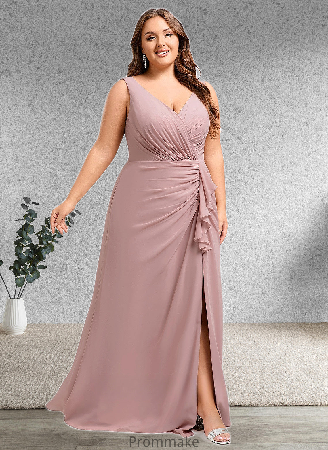 Kaylah A-line V-Neck Floor-Length Chiffon Bridesmaid Dress DUP0025820