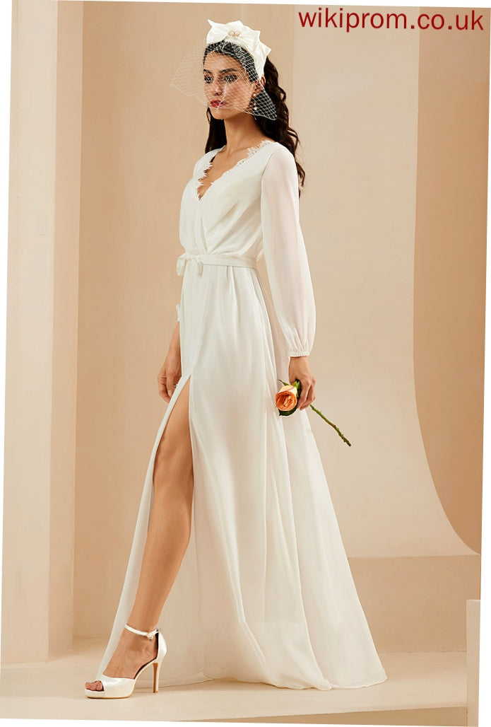 Wedding Casey Front A-Line Chiffon Dress Floor-Length Wedding Dresses With Split Lace V-neck