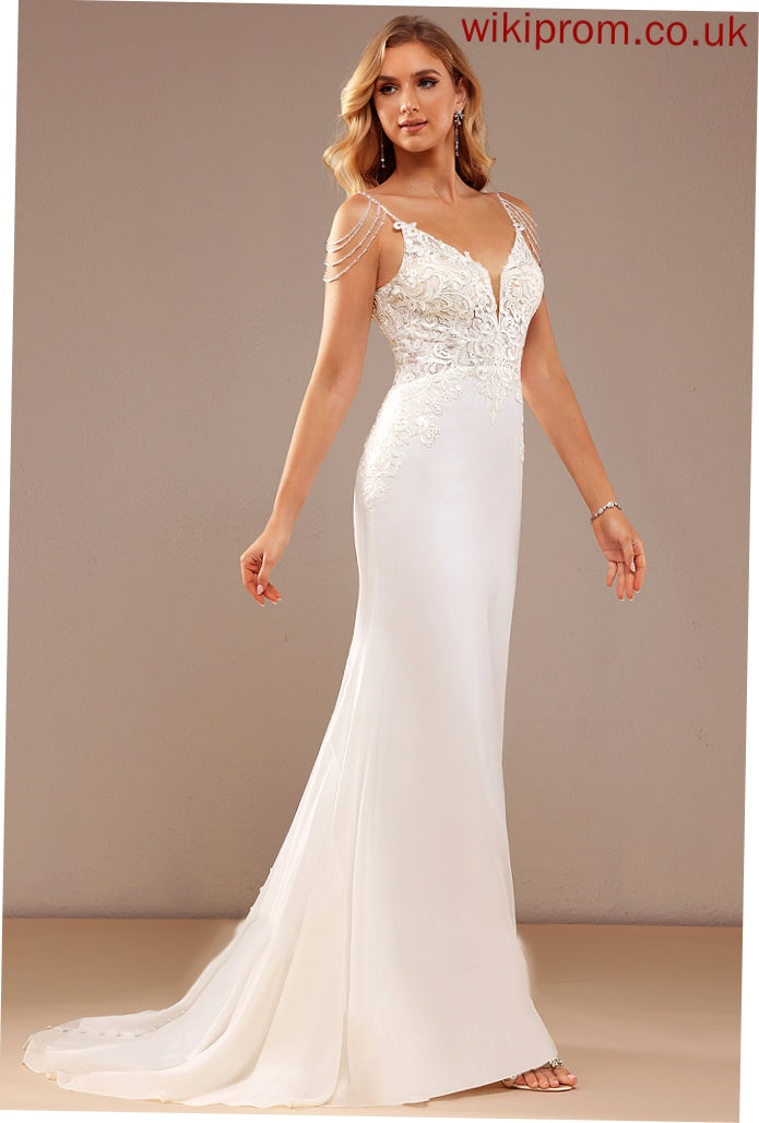 Lace Phoenix Train Wedding Lace Dress Chiffon Court Wedding Dresses Trumpet/Mermaid V-neck Beading Sequins With