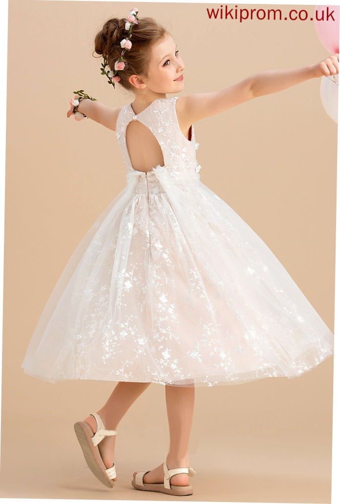 Beading/Flower(s) Girl - Tulle/Lace Scoop Tea-length Dress Sleeveless Flower Flower Girl Dresses A-Line With Alexandra Neck