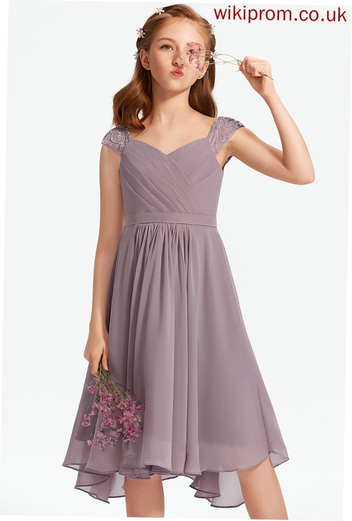 V-neck Knee-Length Junior Bridesmaid Dresses Elliana Lace With A-Line Chiffon Ruffle