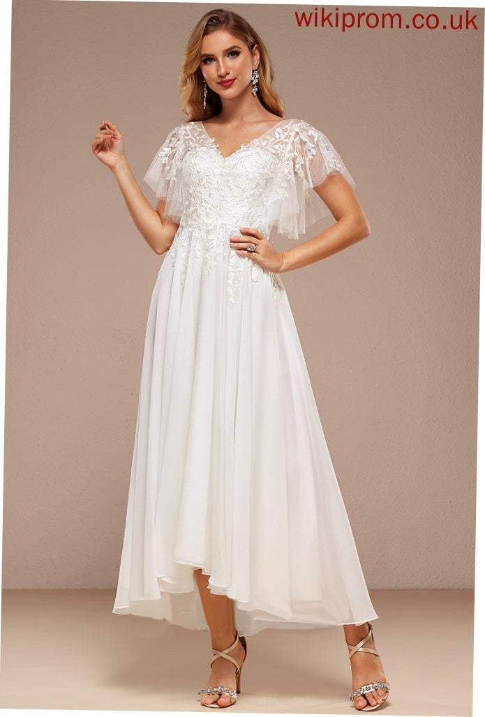 Asymmetrical Tulle Wedding Elvira Dress Lace Wedding Dresses V-neck Ruffle A-Line With