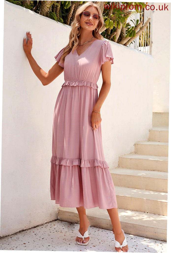 Polyester Fabric A-Line Silhouette Length Neckline V-neck Straps Tea-Length Aracely Bridesmaid Dresses