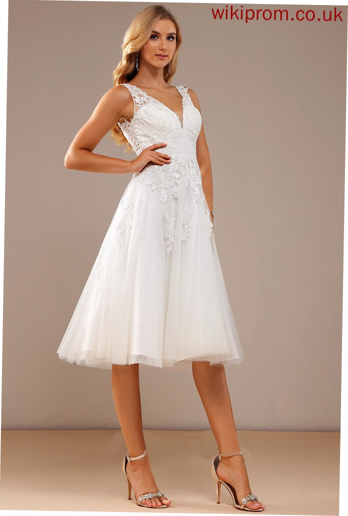 With Lace Tulle Wedding Dresses A-Line Lace Renee Wedding V-neck Knee-Length Dress