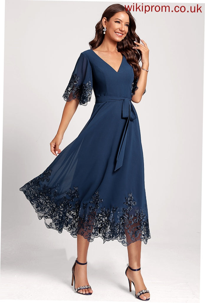 Novia Lace Club Dresses With Tea-Length Chiffon Cocktail A-Line Dress V-neck Sequins