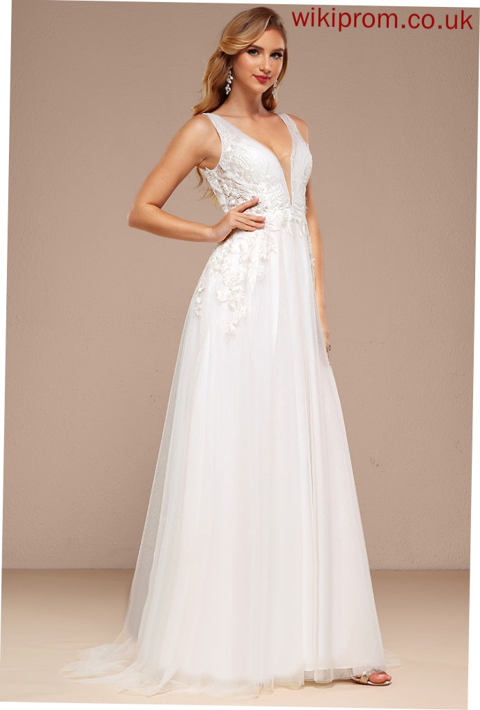 Wedding Dresses Tulle Wedding With Train Dress Sequins Lace A-Line Sweep V-neck Olivia