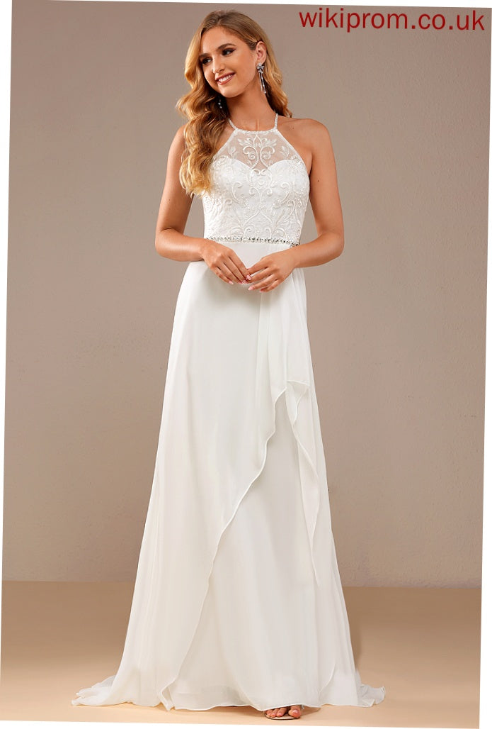 Wedding Dresses A-Line High Neck Dress Sweep Train Sidney Wedding Sequins Lace Beading Lace Chiffon With