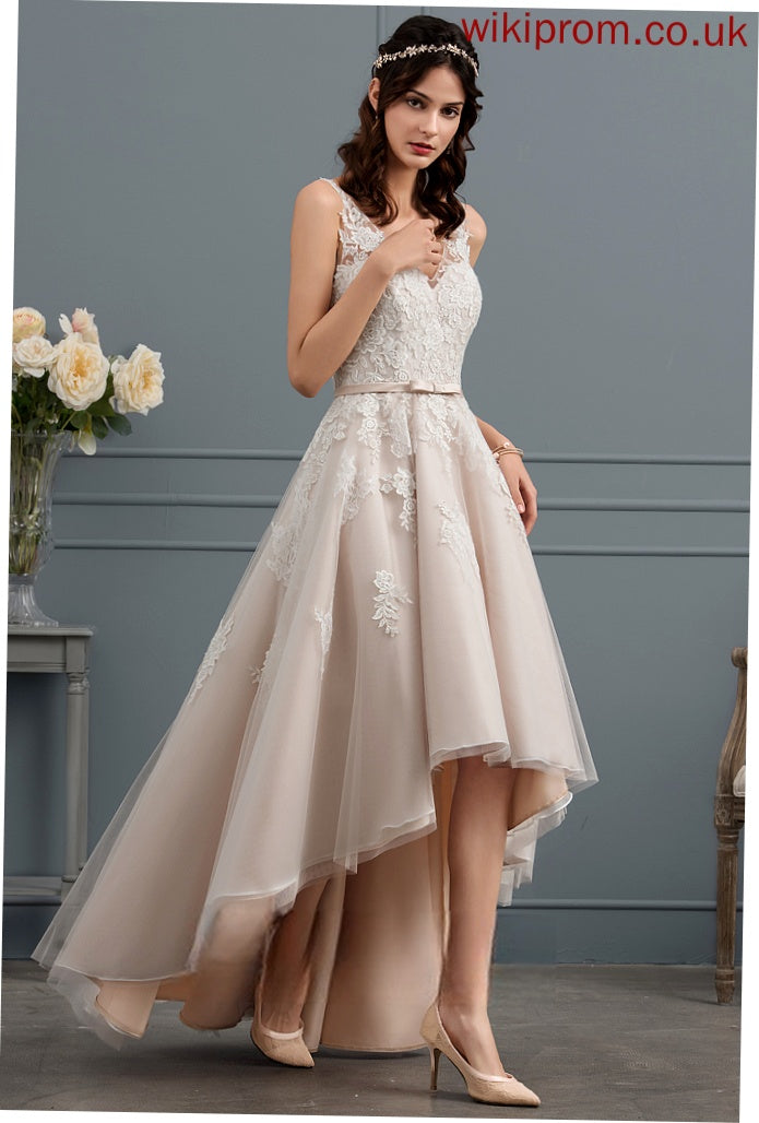 Satin Cassie Wedding A-Line Dress With Tulle Wedding Dresses Asymmetrical V-neck Lace Bow(s)