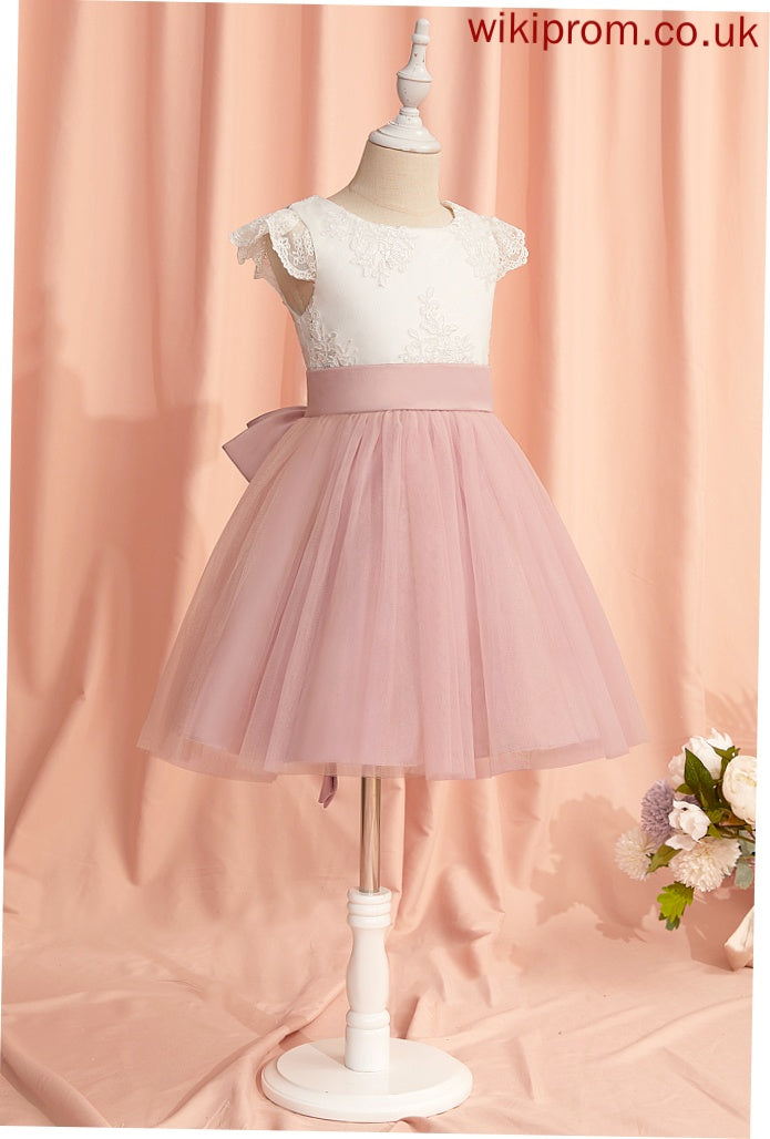 Short Flower Girl Dresses Knee-length Neck Lace/Bow(s) Tulle Flower A-Line - Mareli With Scoop Sleeves Girl Dress