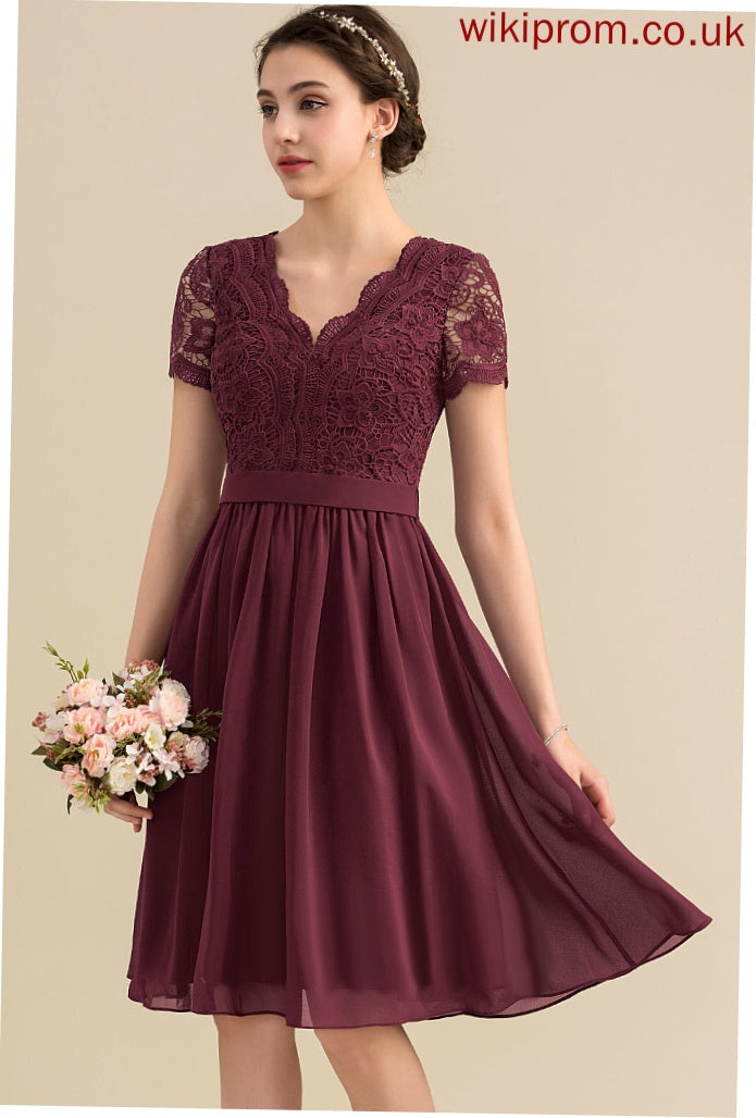 Embellishment V-neck Fabric A-Line Knee-Length Neckline Length Silhouette Lace Mia Floor Length Natural Waist Bridesmaid Dresses