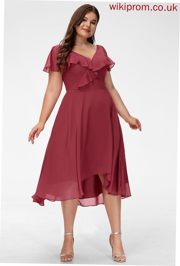 A-Line Prudence Ruffle Asymmetrical Cocktail Chiffon V-neck Dress With Cocktail Dresses