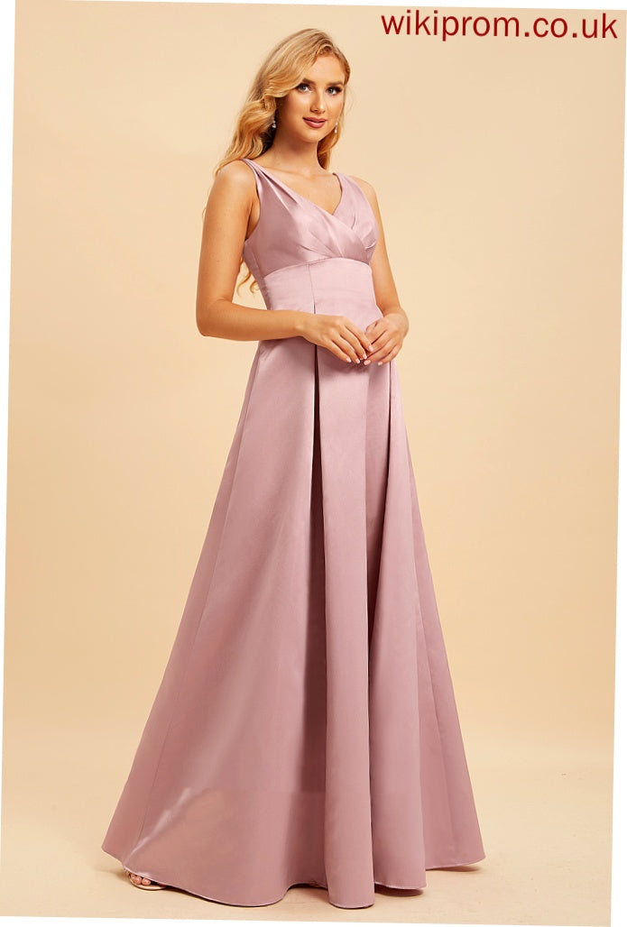 Fabric Satin V-neck Straps A-Line Neckline Silhouette Length Floor-Length Cecelia Sleeveless A-Line/Princess Bridesmaid Dresses