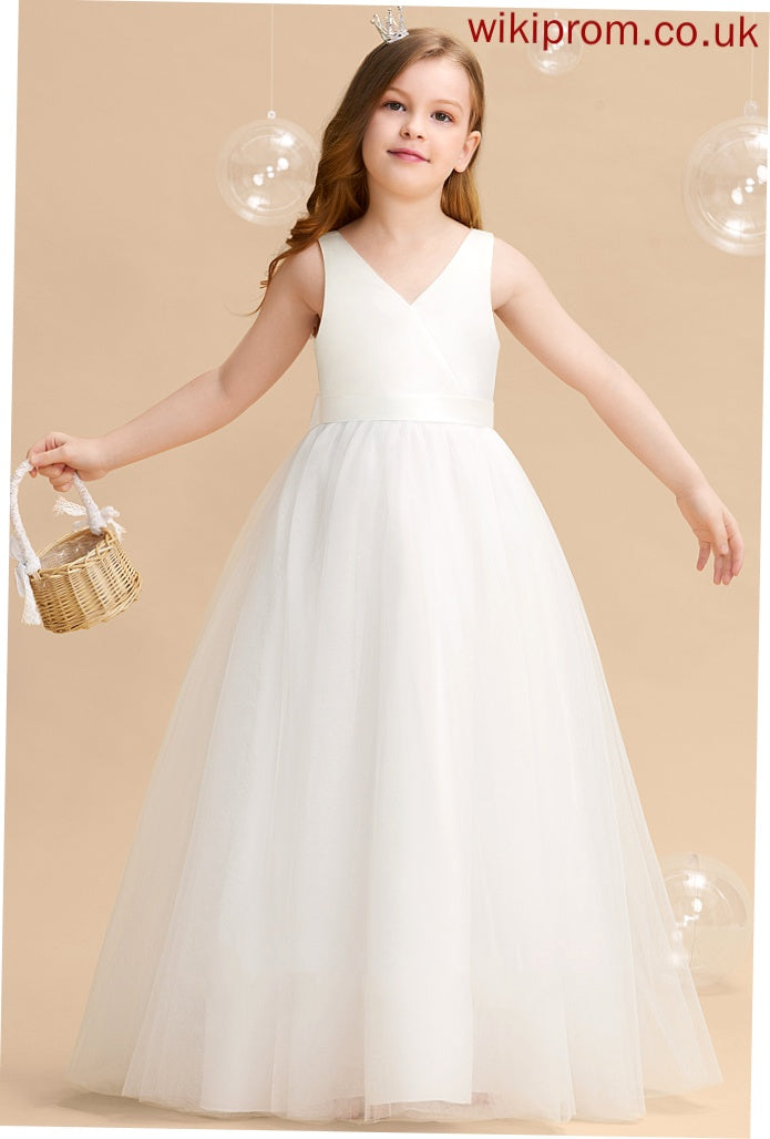 Floor-length Dress Ball-Gown/Princess Sloane V-neck Girl Tulle Back Bow(s)/V With Sleeveless - Flower Flower Girl Dresses