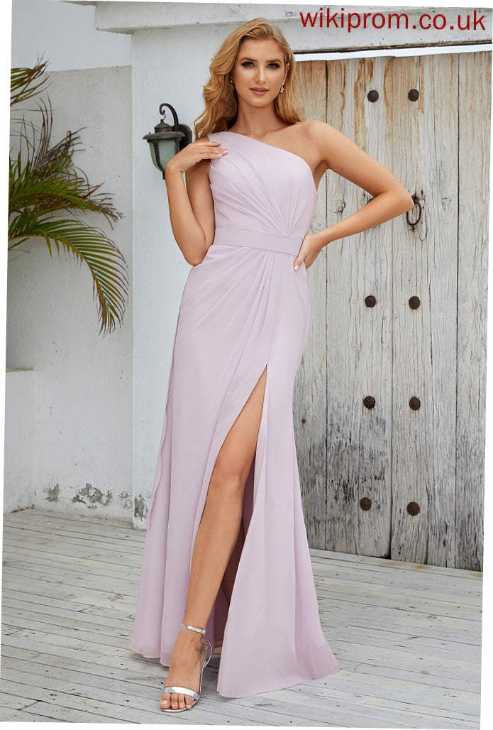 Neckline Floor-Length Fabric Length Ruffle Embellishment One-Shoulder Silhouette SplitFront A-Line Amanda A-Line/Princess Bridesmaid Dresses