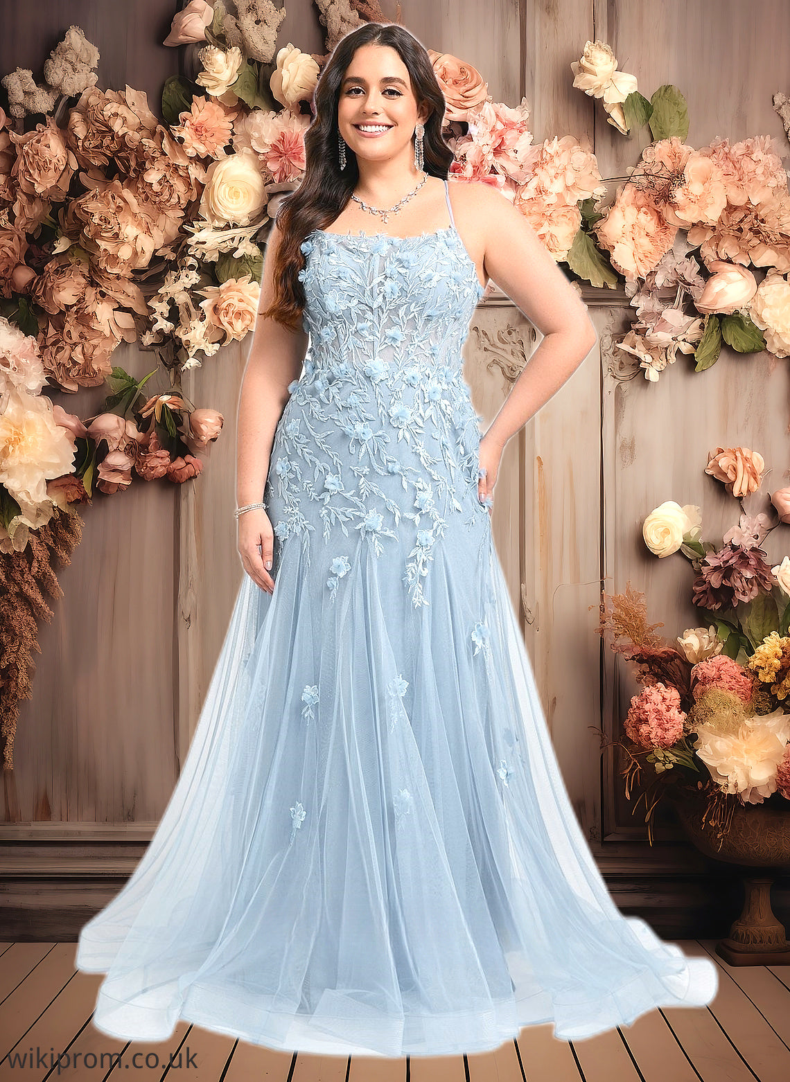 Britney Trumpet/Mermaid Straight Sweep Train Tulle Prom Dresses With Flower SWKP0025866