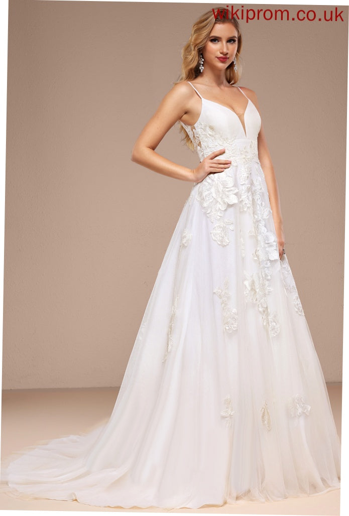 Court Tulle Ball-Gown/Princess Dress Train Lace Alma Wedding V-neck With Wedding Dresses Sequins