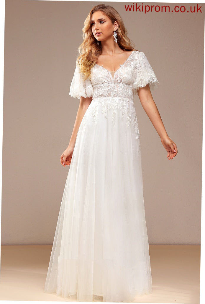 Lace V-neck A-Line Tulle Dress Wedding Lace Beading Wedding Dresses Katherine Sequins Floor-Length With