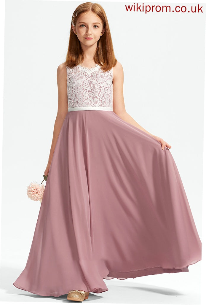 Junior Bridesmaid Dresses V-neck Chiffon A-Line Floor-Length Lace Ava