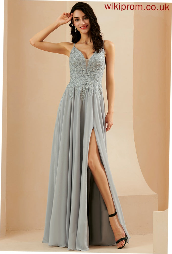 Chiffon Prom Dresses Sequins Valentina Floor-Length With A-Line Lace V-neck