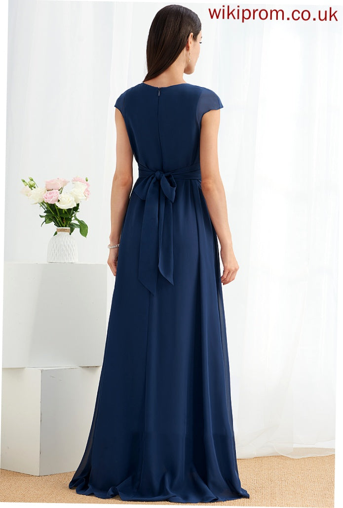 A-Line Ruffle Length Fabric V-neck Floor-Length Embellishment Silhouette Neckline Tia Natural Waist Sleeveless Bridesmaid Dresses