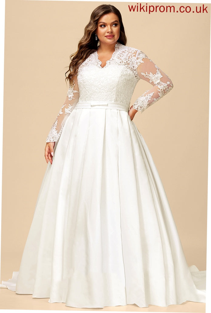 Wedding Dresses Lace Bow(s) Courtney Court Ball-Gown/Princess V-neck With Wedding Train Satin Dress