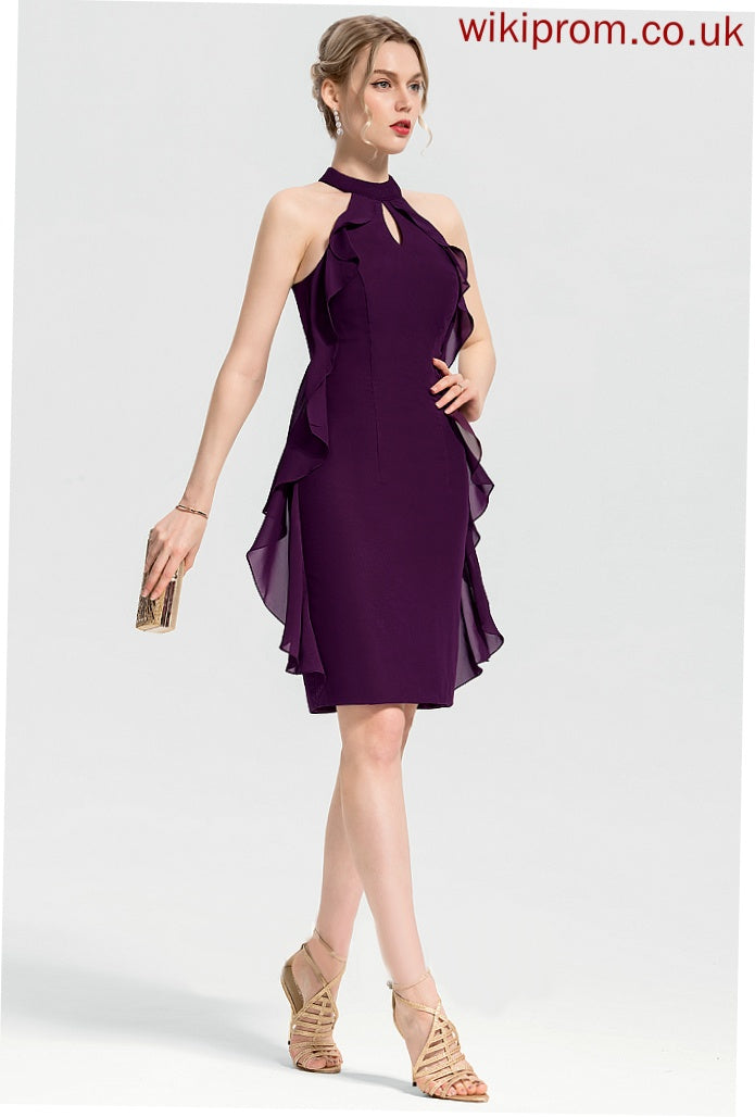 Sabrina With Neck Chiffon Knee-Length Dress Ruffles Cocktail Cascading Sheath/Column Scoop Cocktail Dresses