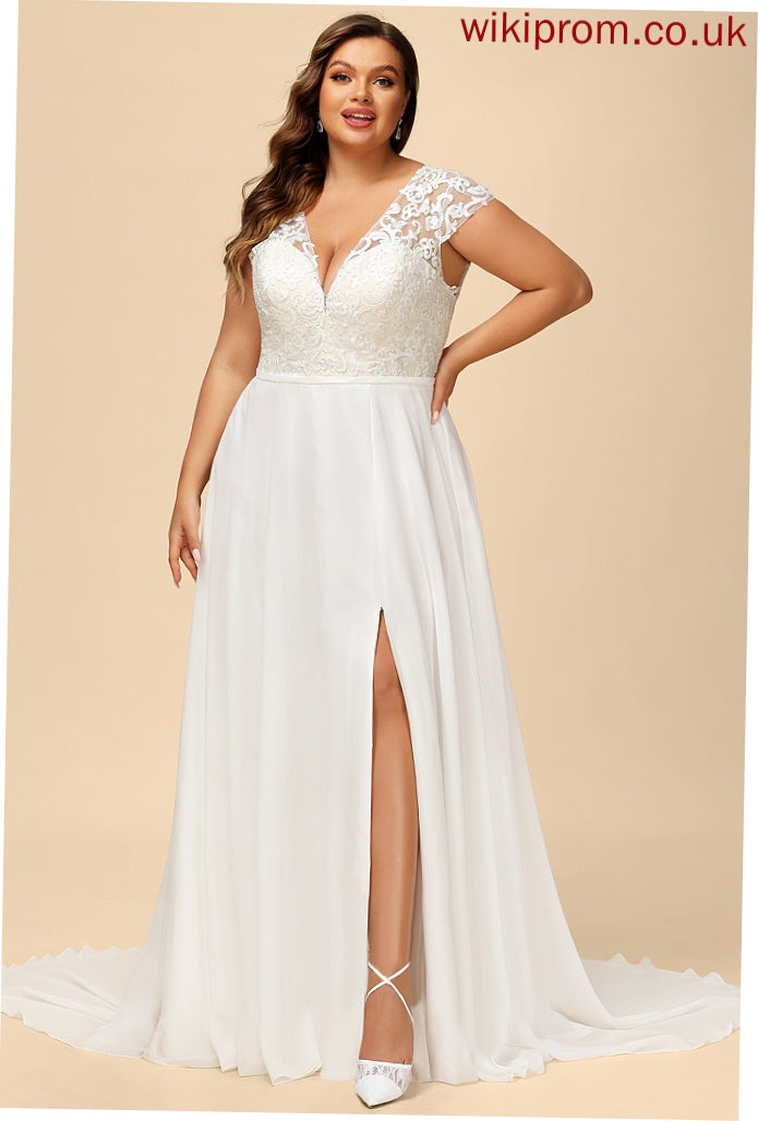 Split With Kassidy Lace Dress Chiffon A-Line Train Sweep V-neck Front Wedding Dresses Wedding