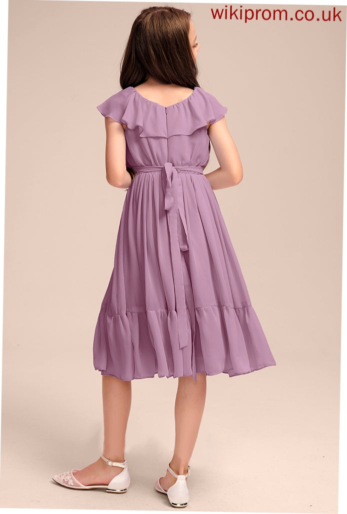 Bow(s) Scoop Ruffles A-Line Chiffon Neck Knee-Length Cascading Junior Bridesmaid Dresses Ashlynn With