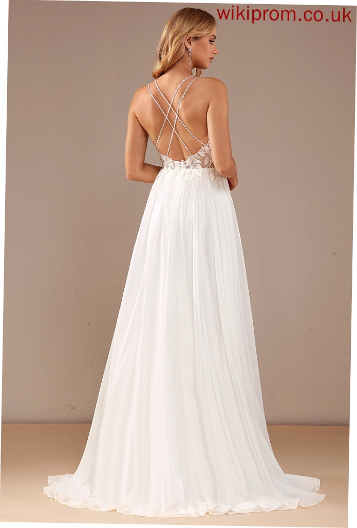 Sequins Wedding Sweep Train Dress V-neck Chiffon Beading With A-Line Wedding Dresses Lace Leanna